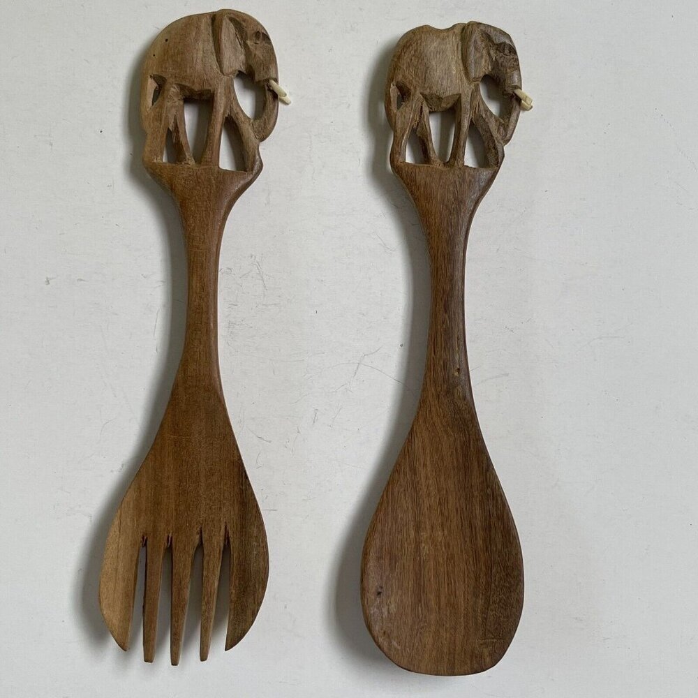 Carved Elephants Wooden Salad Serving Spoon Fork Set Vintage Kitchen Home